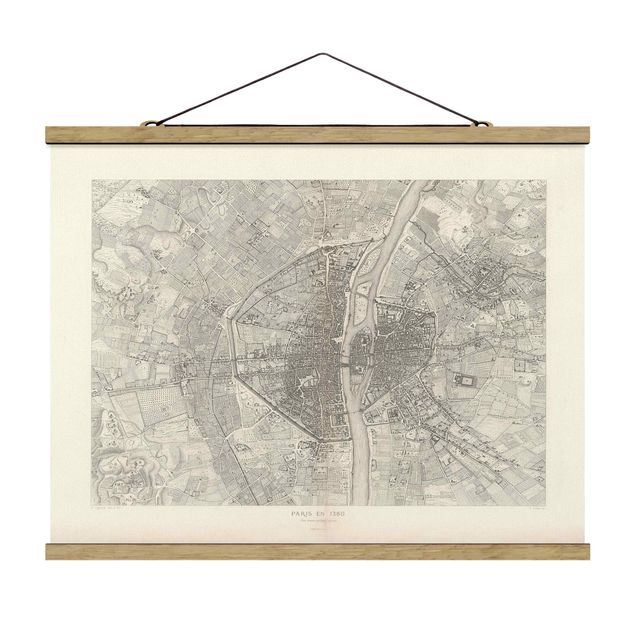 Fabric print with poster hangers - Vintage Map Paris - Landscape format 4:3