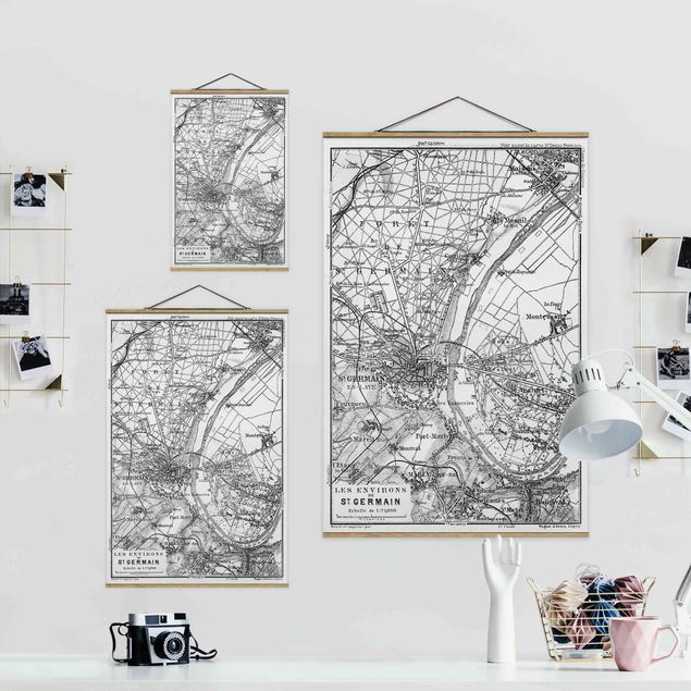 Fabric print with poster hangers - Vintage Map St Germain Paris - Portrait format 2:3