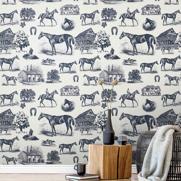 Wallpaper - Vintage Horse Pattern Dark Blue
