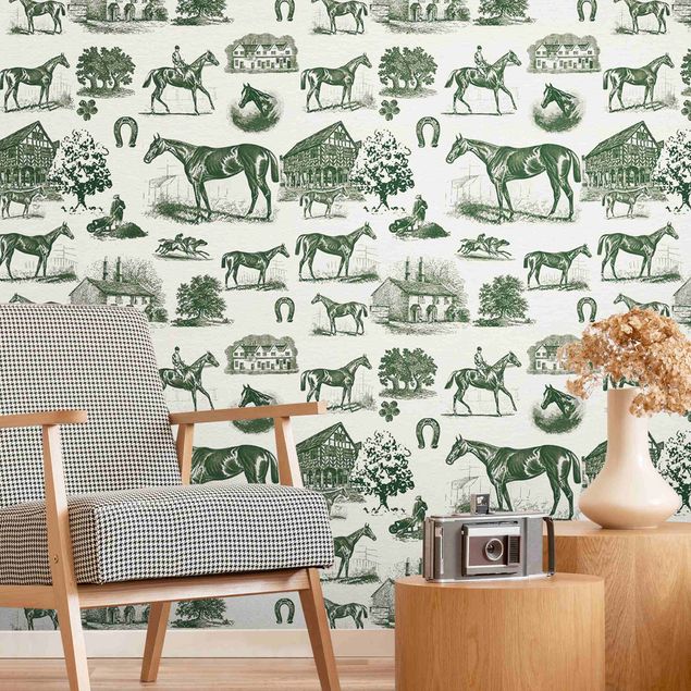 Wallpaper - Vintage Horse Pattern Dark Green