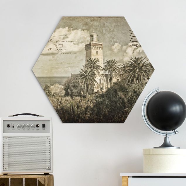 Dibond Vintage Postcard With Lighthouse And Palm Trees