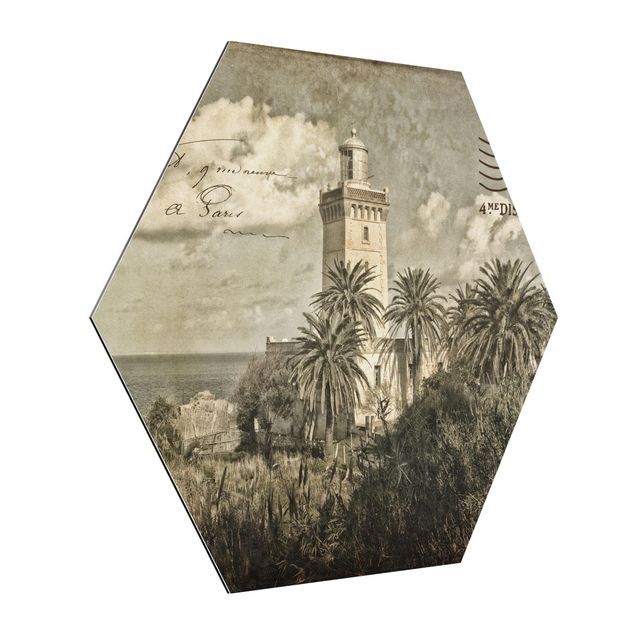Alu-Dibond hexagon - Vintage Postcard With Lighthouse And Palm Trees