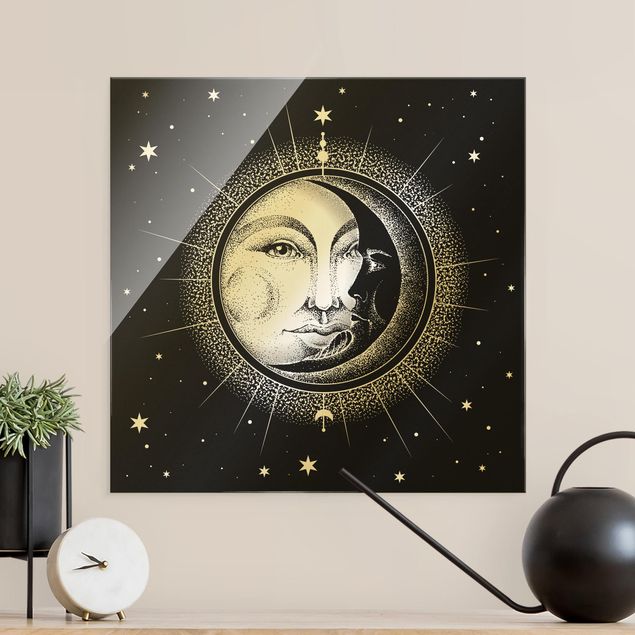 Glass print - Vintage Sun And Moon Illustration - Square