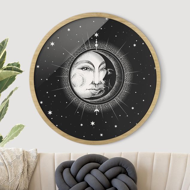 Framed prints round Vintage Sun And Moon Illustration
