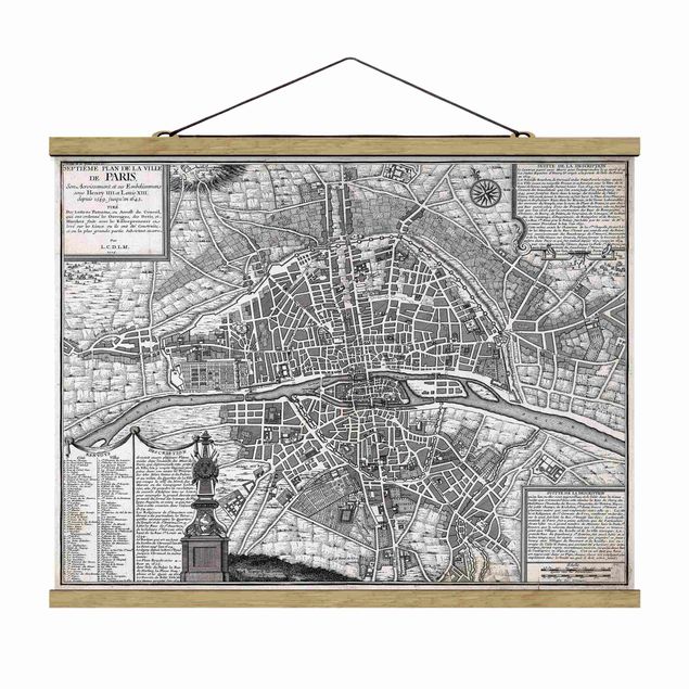 Fabric print with poster hangers - Vintage Map City Of Paris Around 1600 - Landscape format 4:3