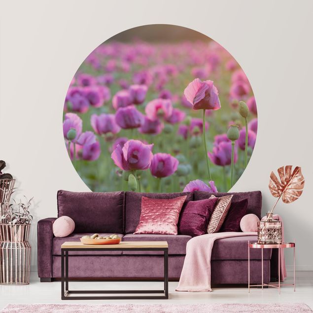Self-adhesive round wallpaper - Purple Poppy Flower Meadow In Spring