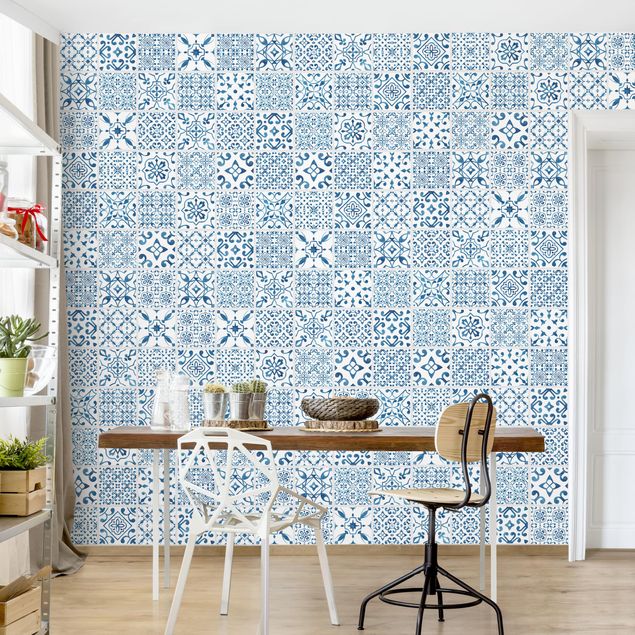 Wallpaper - Tile Pattern Blue White