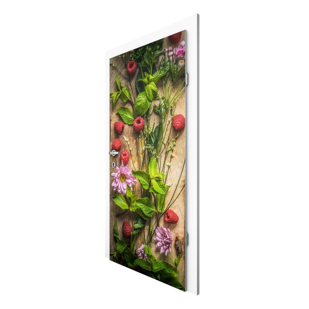 Door wallpaper - Flowers Raspberries Mint
