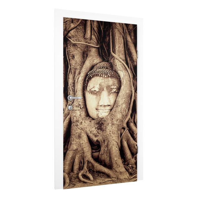 Door wallpaper - Buddha In Ayutthaya Lined From Tree Roots In Brown