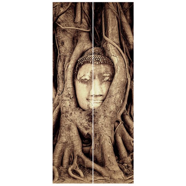 Door wallpaper - Buddha In Ayutthaya Lined From Tree Roots In Brown