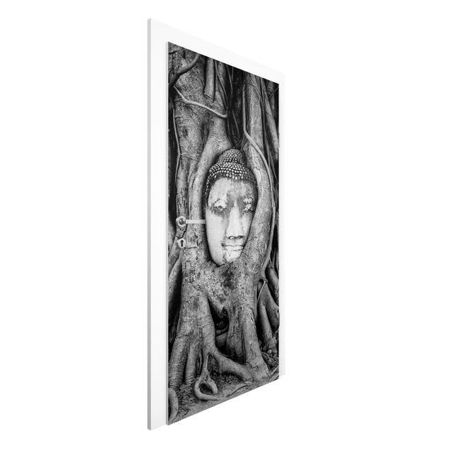 Wallpapers Buddha In Ayutthaya Lined From Tree Roots In Black And White