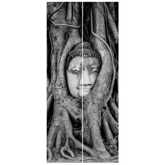 Door wallpaper - Buddha In Ayutthaya Lined From Tree Roots In Black And White