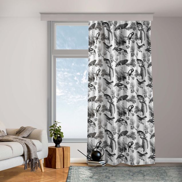 bespoke curtains Birds On Stripes Black And White
