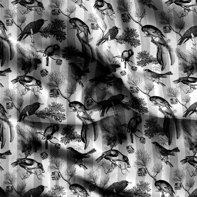 patterned drapes Birds On Stripes Black And White