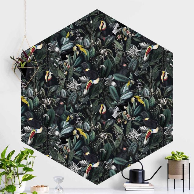 Hexagonal wall mural Birds In Dark Botany
