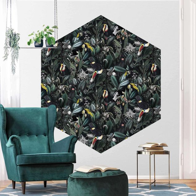 Self-adhesive hexagonal wall mural - Birds In Dark Botany