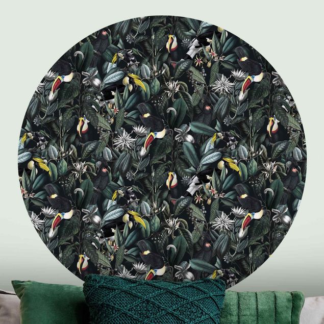 Self-adhesive round wallpaper - Birds In Dark Botany