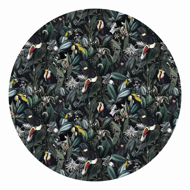 Self-adhesive round wallpaper - Birds In Dark Botany