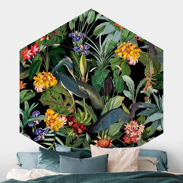 Hexagonal wallpapers Birds With Tropical Flowers