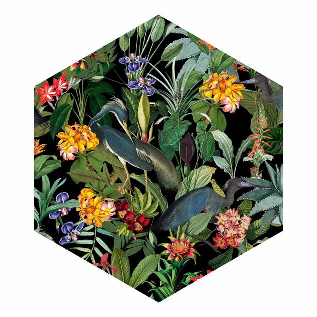Self-adhesive hexagonal pattern wallpaper - Birds With Tropical Flowers