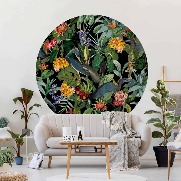 Self-adhesive round wallpaper - Birds With Tropical Flowers