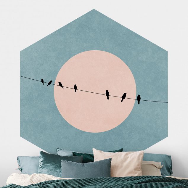 Hexagonal wall mural Birds In Front Of Pink Sun I