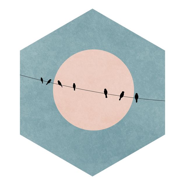 Self-adhesive hexagonal pattern wallpaper - Birds In Front Of Pink Sun I