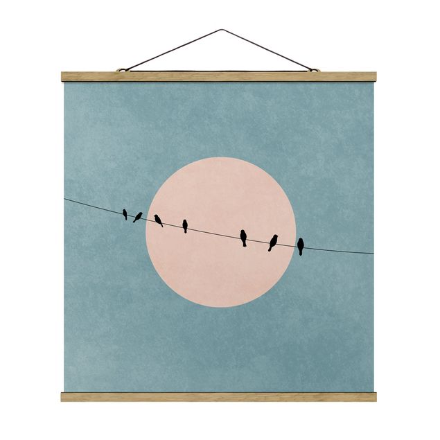 Fabric print with poster hangers - Birds In Front Of Pink Sun I - Square 1:1