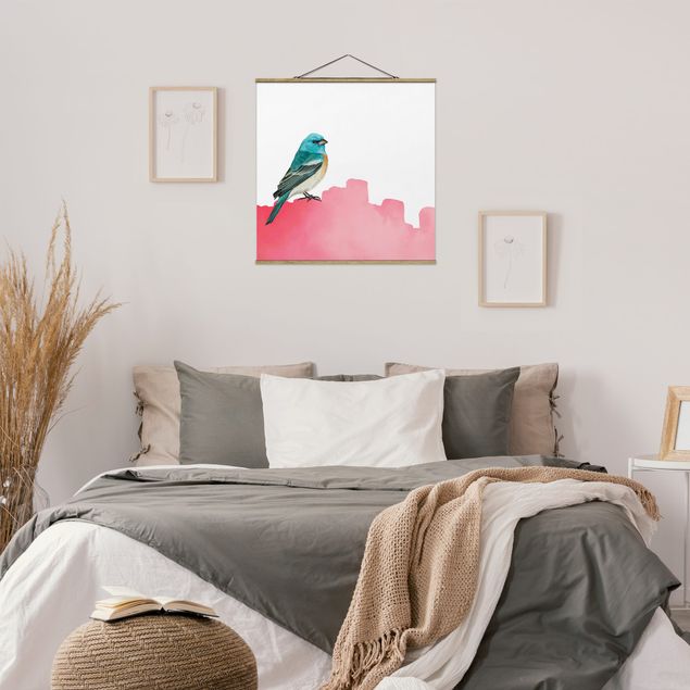 Fabric print with poster hangers - Bird On Pink Backdrop - Square 1:1