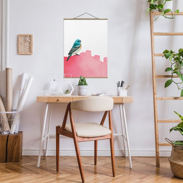 Fabric print with poster hangers - Bird On Pink Backdrop - Portrait format 3:4