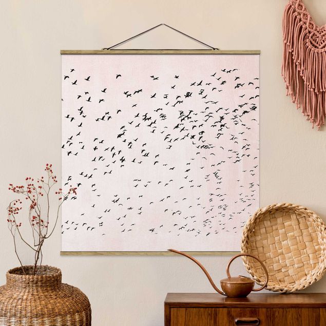Fabric print with poster hangers - Flock Of Birds In The Sunset - Square 1:1
