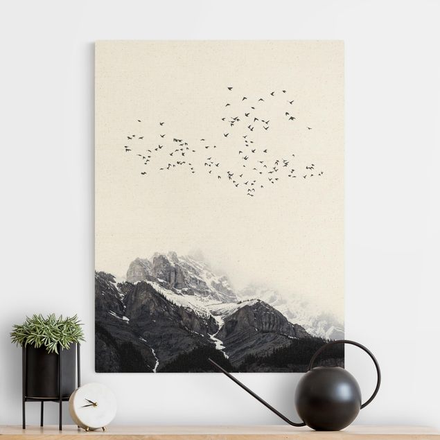 Canvas print gold - Flock Of Birds In Front Of Mountains Black And White