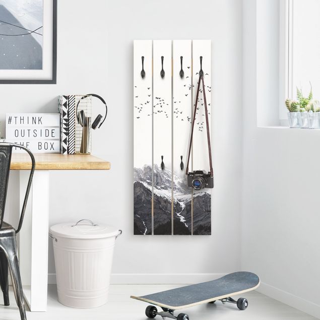 Wooden coat rack - Flock Of Birds In Front Of Mountains Black And White