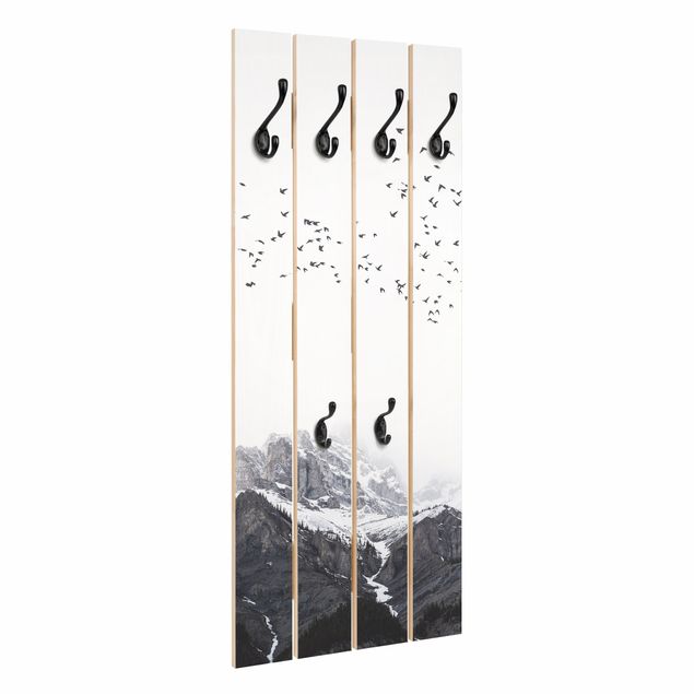Wooden coat rack - Flock Of Birds In Front Of Mountains Black And White