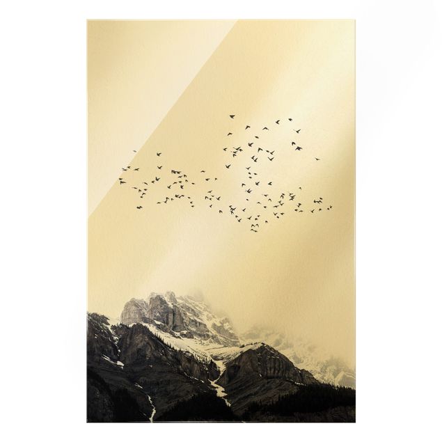 Glass print - Flock Of Birds In Front Of Mountains Black And White