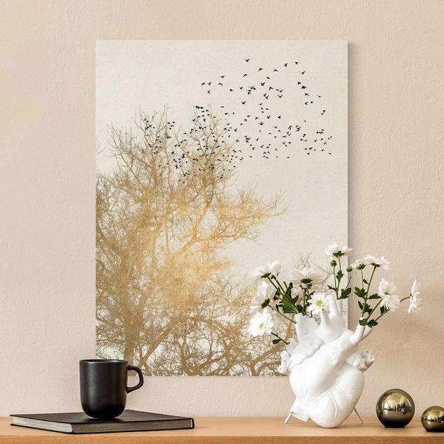 Canvas print gold - Flock Of Birds In Front Of Golden Tree