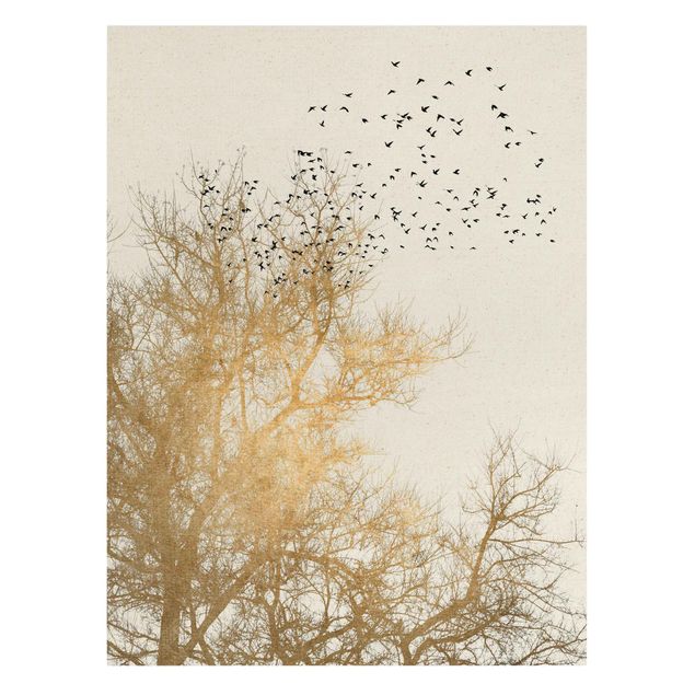 Canvas print gold - Flock Of Birds In Front Of Golden Tree
