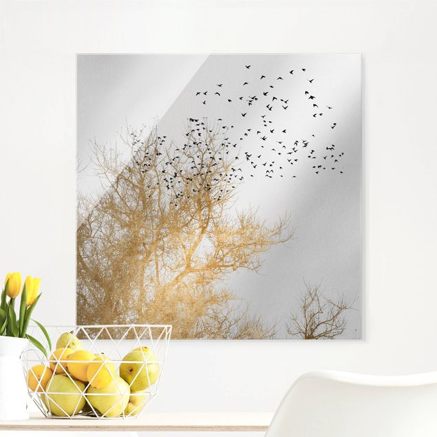 Glas Magnetboard Flock Of Birds In Front Of Golden Tree