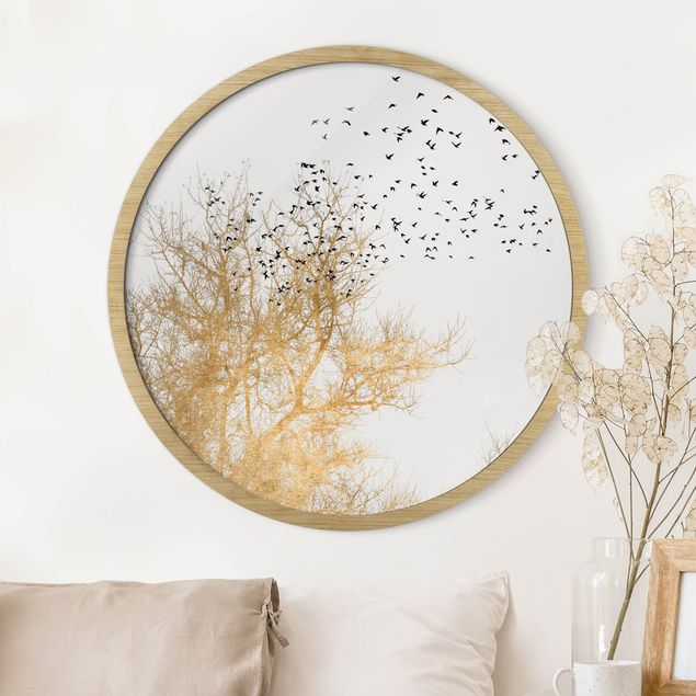 Framed prints round Flock Of Birds In Front Of Golden Tree