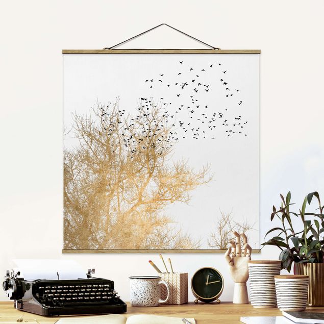 Fabric print with poster hangers - Flock Of Birds In Front Of Golden Tree - Square 1:1