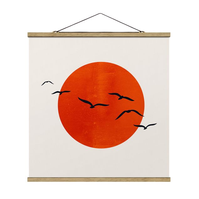 Fabric print with poster hangers - Flock Of Birds In Front Of Red Sun I - Square 1:1