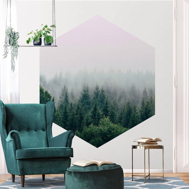 Self-adhesive hexagonal pattern wallpaper - Foggy Forest Twilight