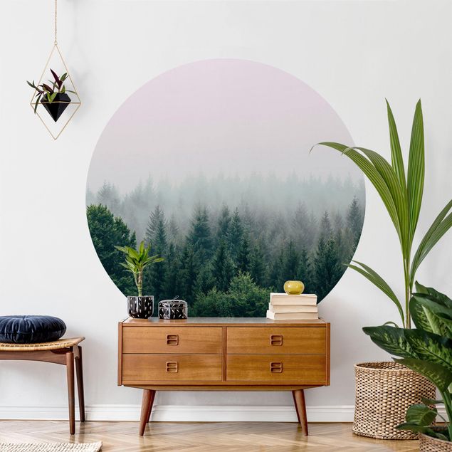 Self-adhesive round wallpaper - Foggy Forest Twilight