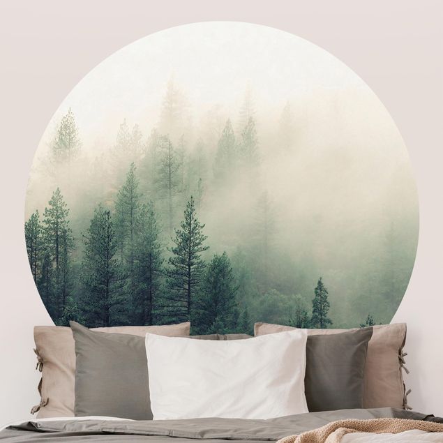 Self-adhesive round wallpaper - Foggy Forest Awakening
