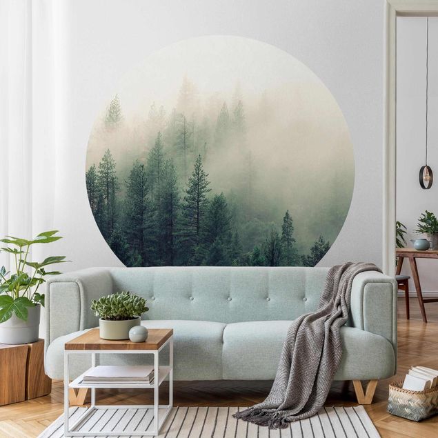 Self-adhesive round wallpaper - Foggy Forest Awakening