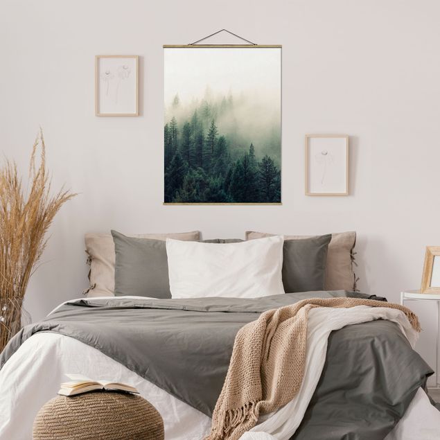 Fabric print with poster hangers - Foggy Forest Awakening - Portrait format 3:4