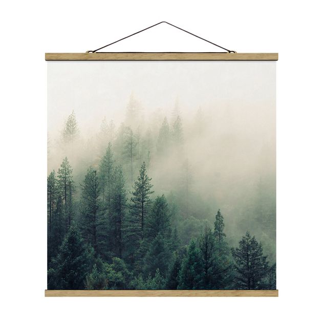 Fabric print with poster hangers - Foggy Forest Awakening - Square 1:1
