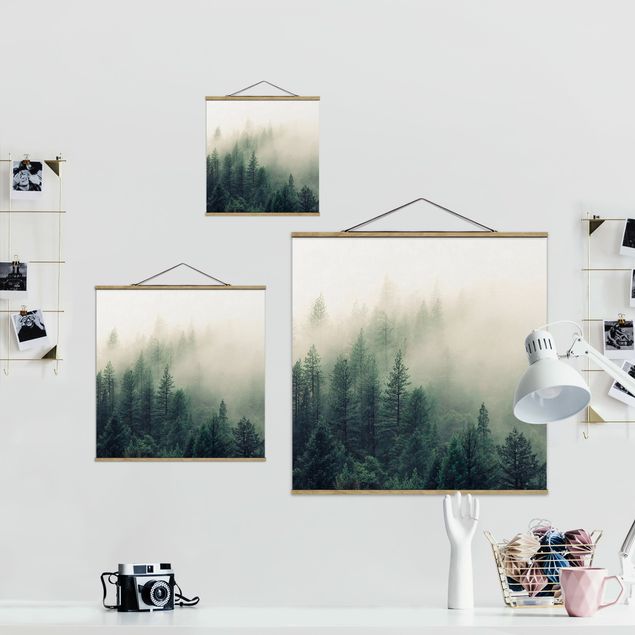 Fabric print with poster hangers - Foggy Forest Awakening - Square 1:1
