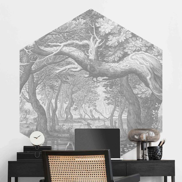 Hexagonal wall mural Forest Copperplate Engraving