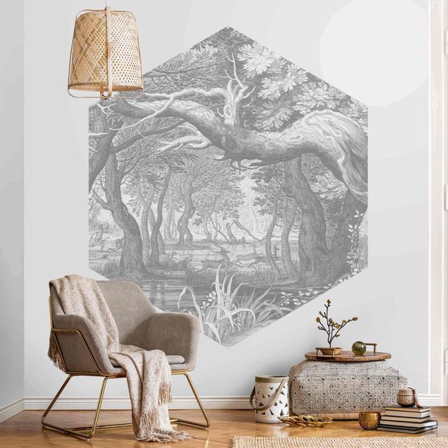 Self-adhesive hexagonal wall mural - Forest Copperplate Engraving
